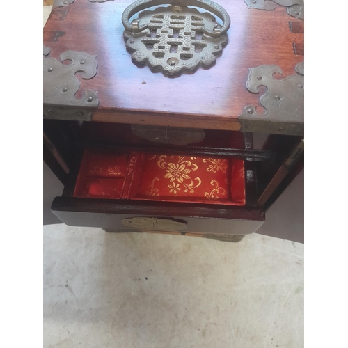 418 - 20th century Chinese wooden jewellery box with inset carved and pierced jade coloured hardstone pane... 