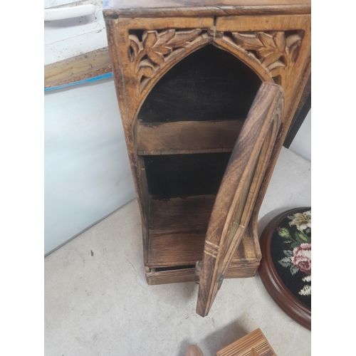 419 - Wooden arch top mirror back single drawer box, stool etc.