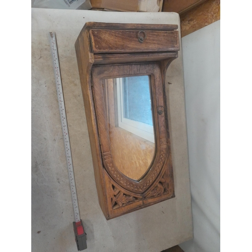 419 - Wooden arch top mirror back single drawer box, stool etc.