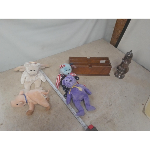 429 - Silver plated sugar castor, TY Beanie teddy toys and wooden desk tidy