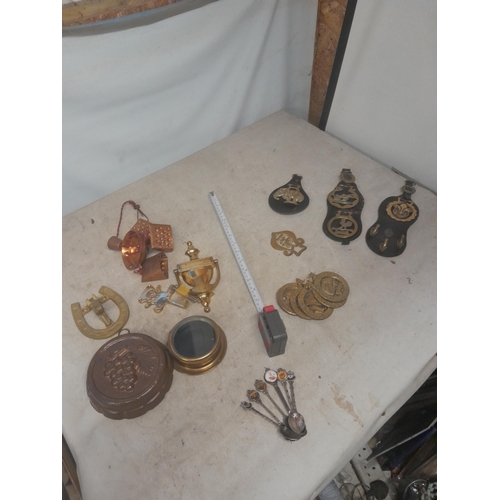 443 - Horse brass , plated souvenir spoons copper and other brassware