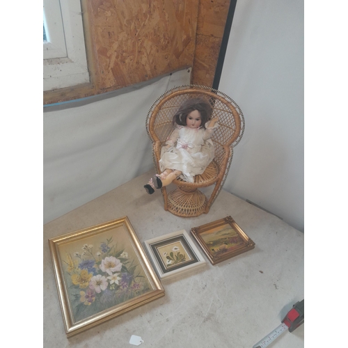 492 - Early 20th century German bisque head doll, later chair, paintings by Denner (west country interest)