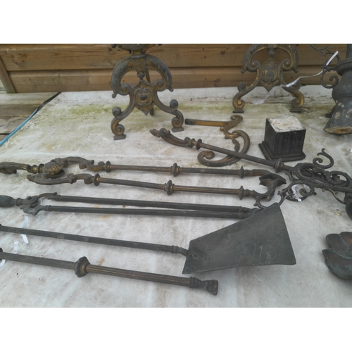 529 - Edwardian gilded metal fire irons and other items for re purposing