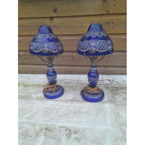 533 - Pair of early 20th century blue and clear Bohemian cut glass table lamps