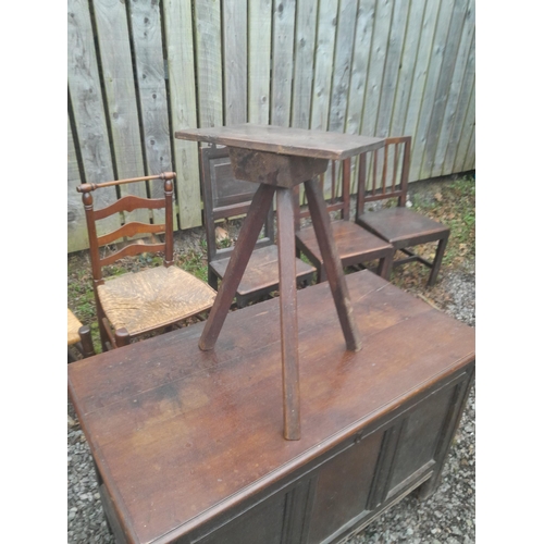 552 - 19th century three leg table  and 19th century carved oak stool 56 cms x 28 cms x 44 cms