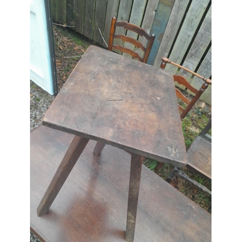 552 - 19th century three leg table  and 19th century carved oak stool 56 cms x 28 cms x 44 cms