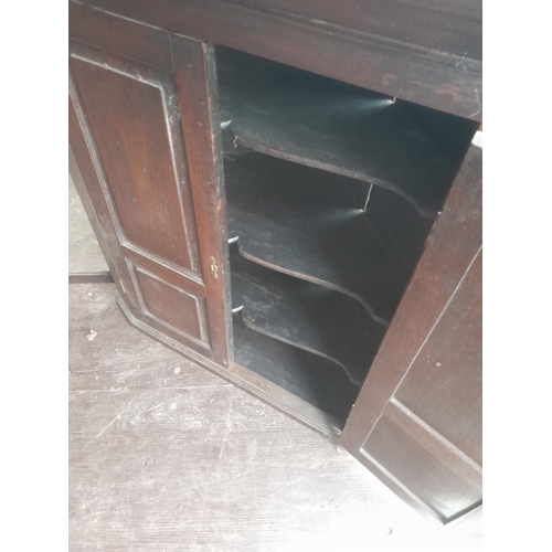 554 - 2 x 19th century oak corner cabinets for restoration or re purposing 77 cms x 50 cms