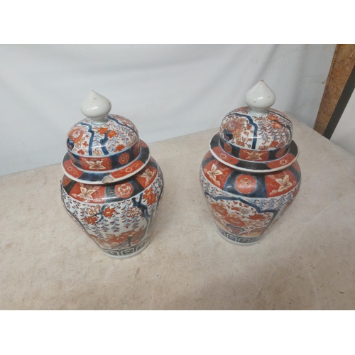 567 - Pair of 19th century Japanese Imari vases with lightly chipped lids