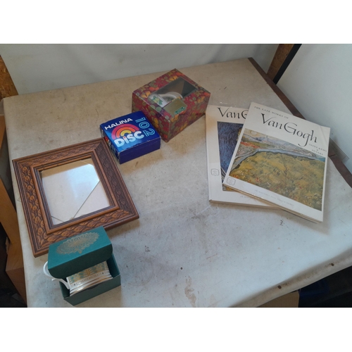 603 - Box of oddments, picture frame, commemorative ware , wicker hamper etc.