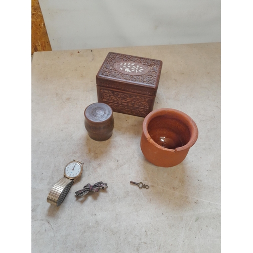 650 - Antique terracotta pot, treen and wooden ware etc.