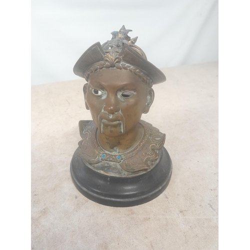 752 - Rare and unusual 19th century bronze inkwell modelled as a Chinese Gentleman with beaded glass eyes,... 