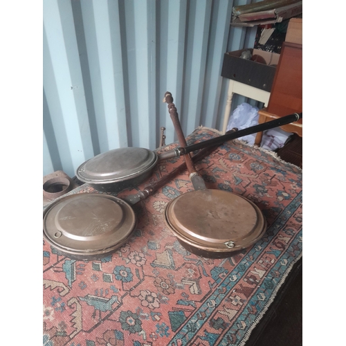 759 - 3 copper warming pans 2 late 18th century & 1 x 19th century & Singer sewing machine locked in box