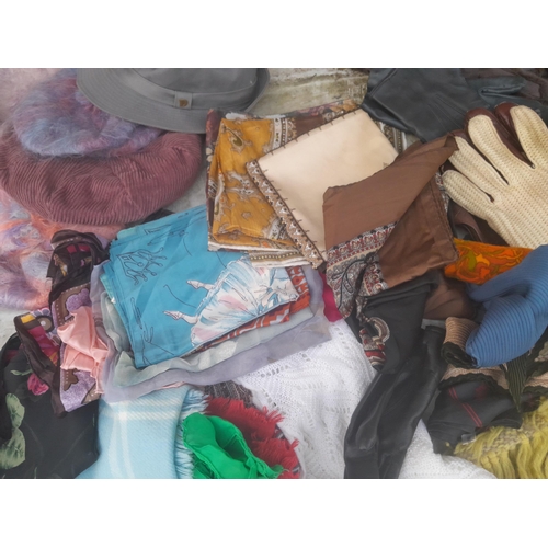 775 - Vintage textiles, hats, gloves, silk scarves etc.