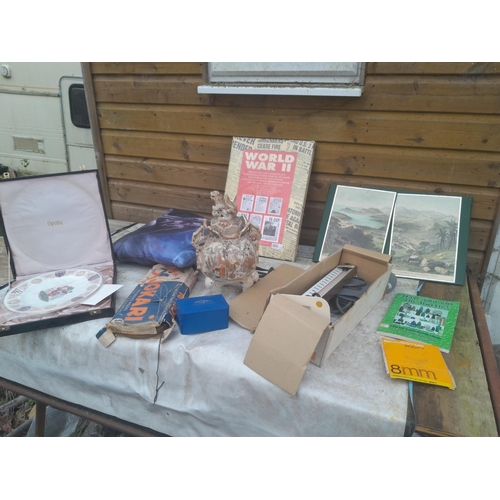 776 - Box of oddments : scraps, collectors plate and cushion, damaged Satsuma vase etc.