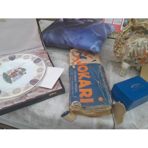 776 - Box of oddments : scraps, collectors plate and cushion, damaged Satsuma vase etc.