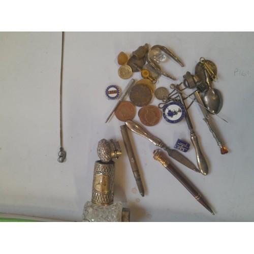 100C - Scrap and other silver items, pin badges and coins etc.