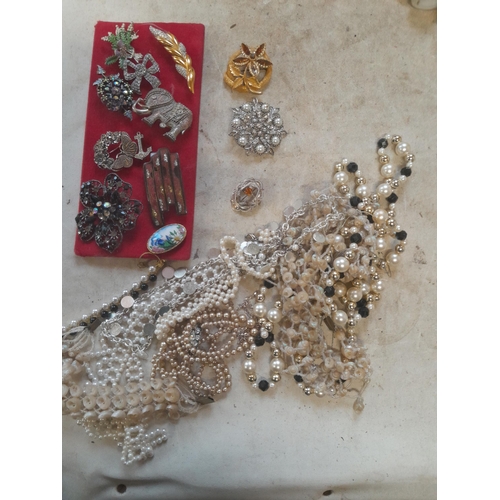 785 - Costume jewellery , brooches mounted on card, Scottish silver thistle brooch and other jewellery