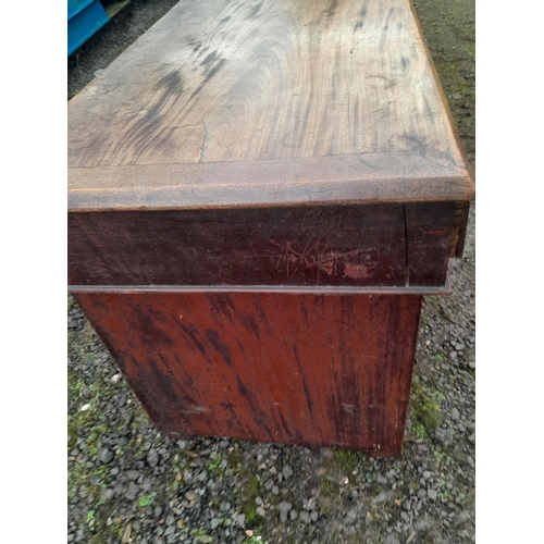 867 - Early 20th century campaign style kneehole desk with recessed brass handles, splits into 3 pieces fo... 