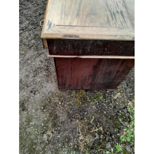 867 - Early 20th century campaign style kneehole desk with recessed brass handles, splits into 3 pieces fo... 