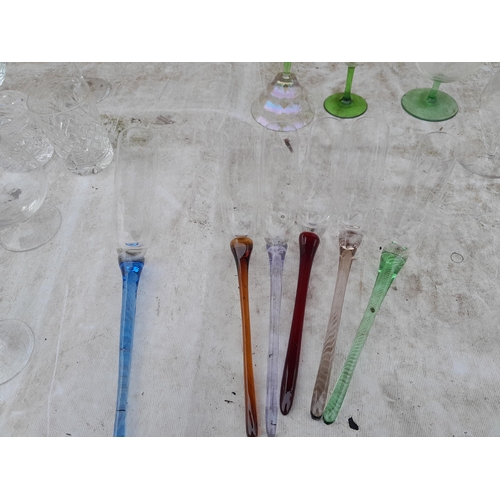 47 - Assorted decorative glassware : coloured stem baseless champagne flutes and other glassware