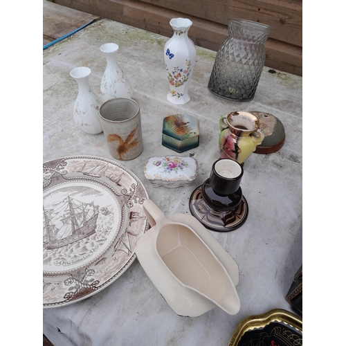 50 - Assorted decorative china and  glassware : advertising ware, decanter, Masons plate etc. etc.