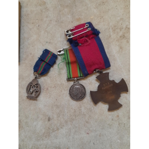 117 - Medals : World War II Defence medal miniature, RLSS bronze awarded to DCS Farquar  1950