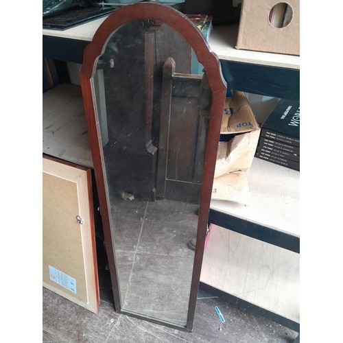 561 - Antique oak bed ends suitable for repurposing 1 x 136 cms & 1 x 88 cms and cheval mirror for repair