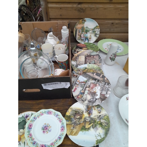 166 - Decorative china , glassware : Portmeirion, collectors plates, frameless vintage wall mirror etc.