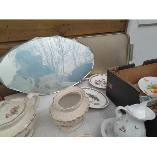 166 - Decorative china , glassware : Portmeirion, collectors plates, frameless vintage wall mirror etc.