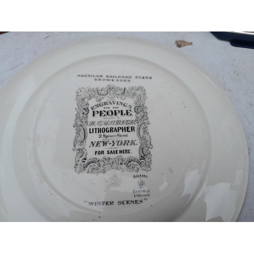 200 - Box of oddments : Adams Collectors  plates US Railway interest, plated ware, cigarette box  brass me... 