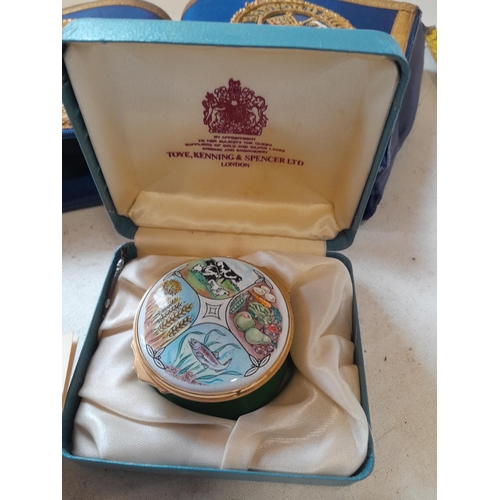 218 - Collectors enamel trinket box  in box of issue,  Masonic regalia, cigarette box etc.