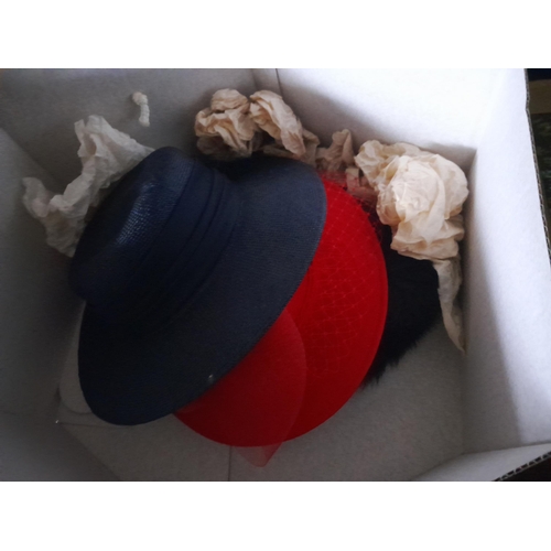 228 - Jacque Vert and other hats in 2 x boxes and retro upholstered stool (contra to 1988 fire regs for re... 