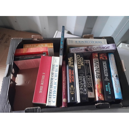 232 - 2 x boxes of books and a vintage suitcase of books  : theology and fiction