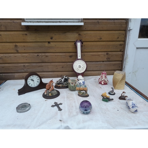 248 - Decorative china, Country Artists resin ornaments, barometer and clock, Caithness paperweight