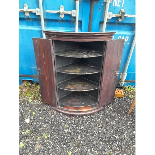 277 - Vintage walnut shelves with fall front & Georgian mahogany barrel front corner cupboard