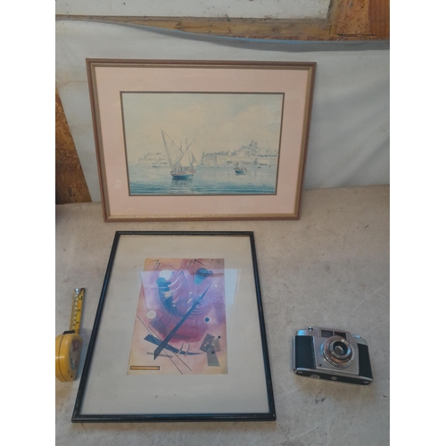 351 - Vintage AGFA camera, Kandinsky print and watercolour marine scene initialled with fade