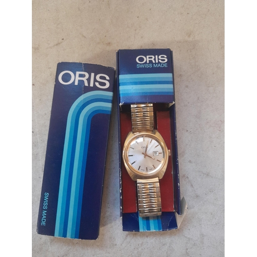 365 - Vintage Gents Oris wristwatch with gold plated case and articulated strap and spare leather strap in... 