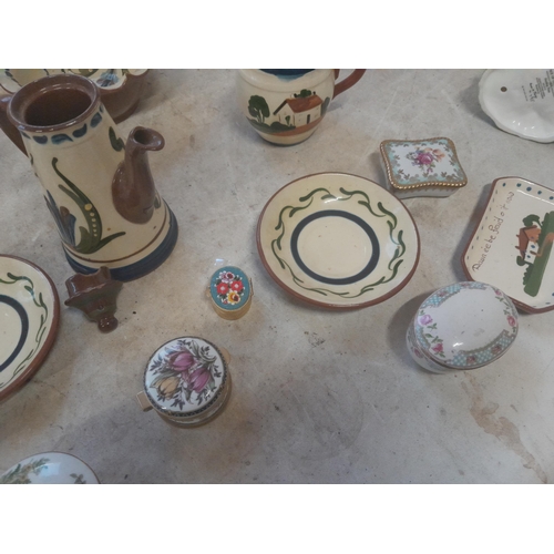 408 - Torquay ware, damaged and restored Doulton figure and pill boxes