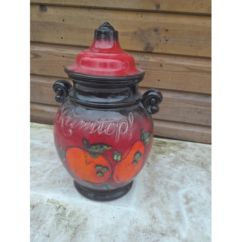 570 - Vintage West German Rumtopf with lid and pottery vase on brass stand