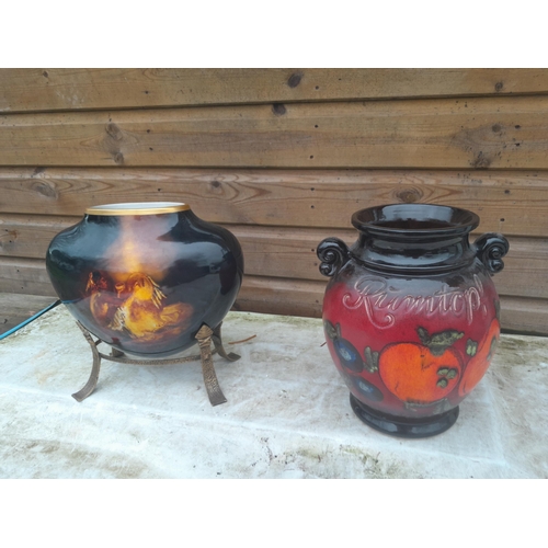 570 - Vintage West German Rumtopf with lid and pottery vase on brass stand