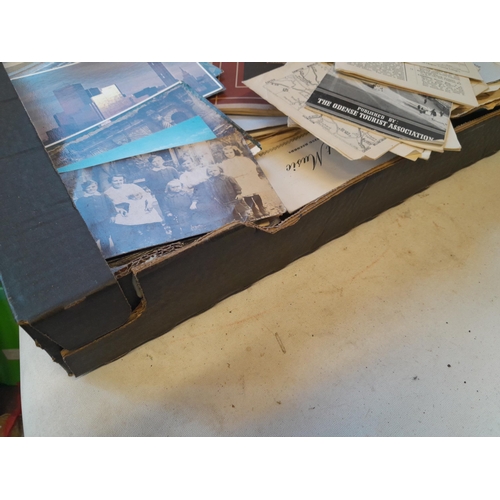 8 - Shallow fruit crate of sheet music, black and white and coloured photographs and postcards, maps, go... 