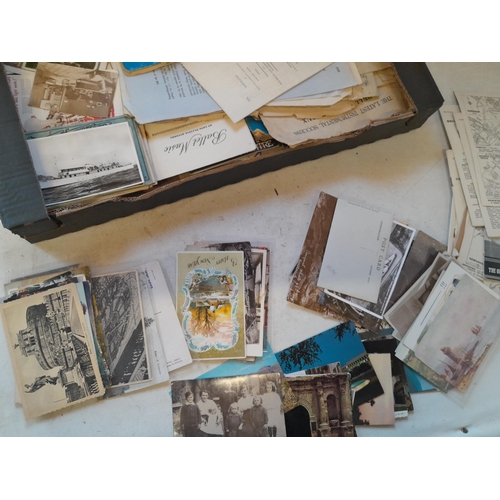 8 - Shallow fruit crate of sheet music, black and white and coloured photographs and postcards, maps, go... 