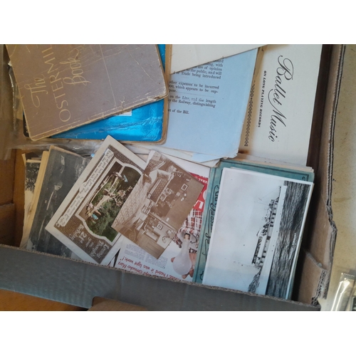 8 - Shallow fruit crate of sheet music, black and white and coloured photographs and postcards, maps, go... 