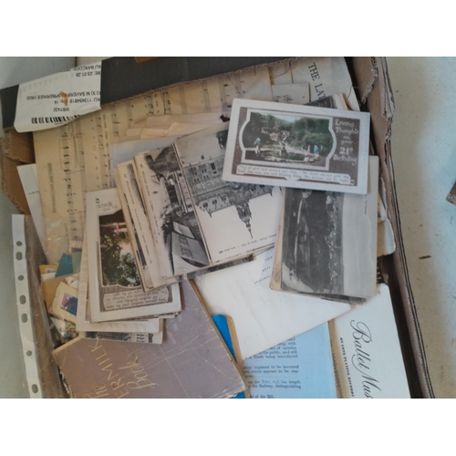 8 - Shallow fruit crate of sheet music, black and white and coloured photographs and postcards, maps, go... 