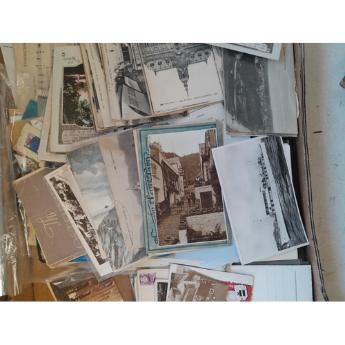 8 - Shallow fruit crate of sheet music, black and white and coloured photographs and postcards, maps, go... 