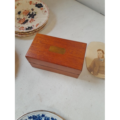 22 - Box of oddments : Maling lustre pottery, photographs, vintage miniature writing slope possible appre... 