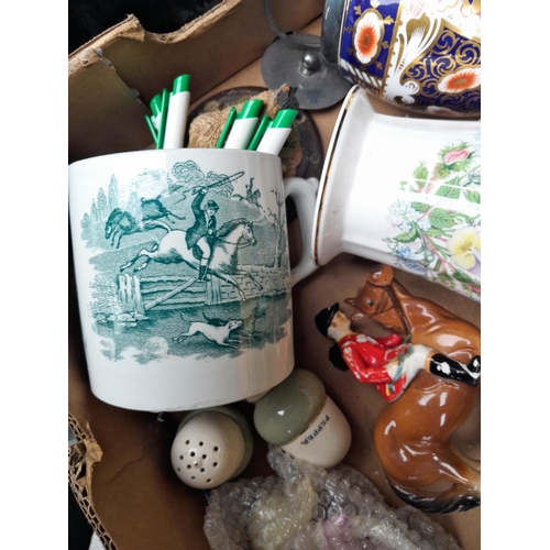 31 - 2 x boxes of decorative china and glassware, blue and white, hunting mug, Aynsley etc.