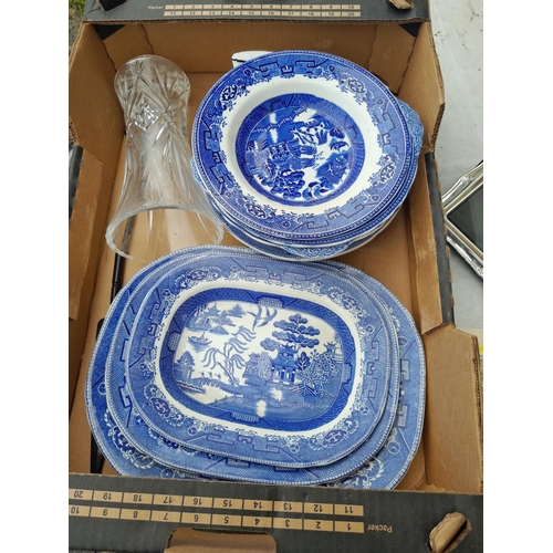 31 - 2 x boxes of decorative china and glassware, blue and white, hunting mug, Aynsley etc.