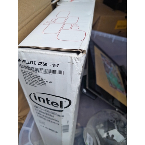 42 - Box of oddments : untested lap top computer, boxed Corgi die cast toy car, plated lighter modelled a... 