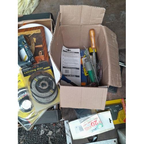 50 - Note multiple photographs : box of tools, & box of stationary and related items